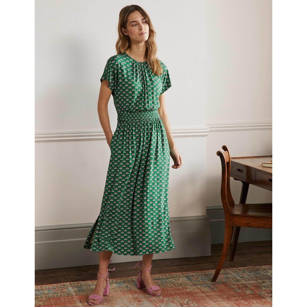 Boden Green Floral Smocked Waist Midi Dress Short Sleeve Viscose D0147 US 10R